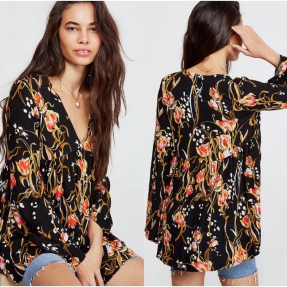 Free People Bella Printed Black Onyx Floral Tunic Size Medium